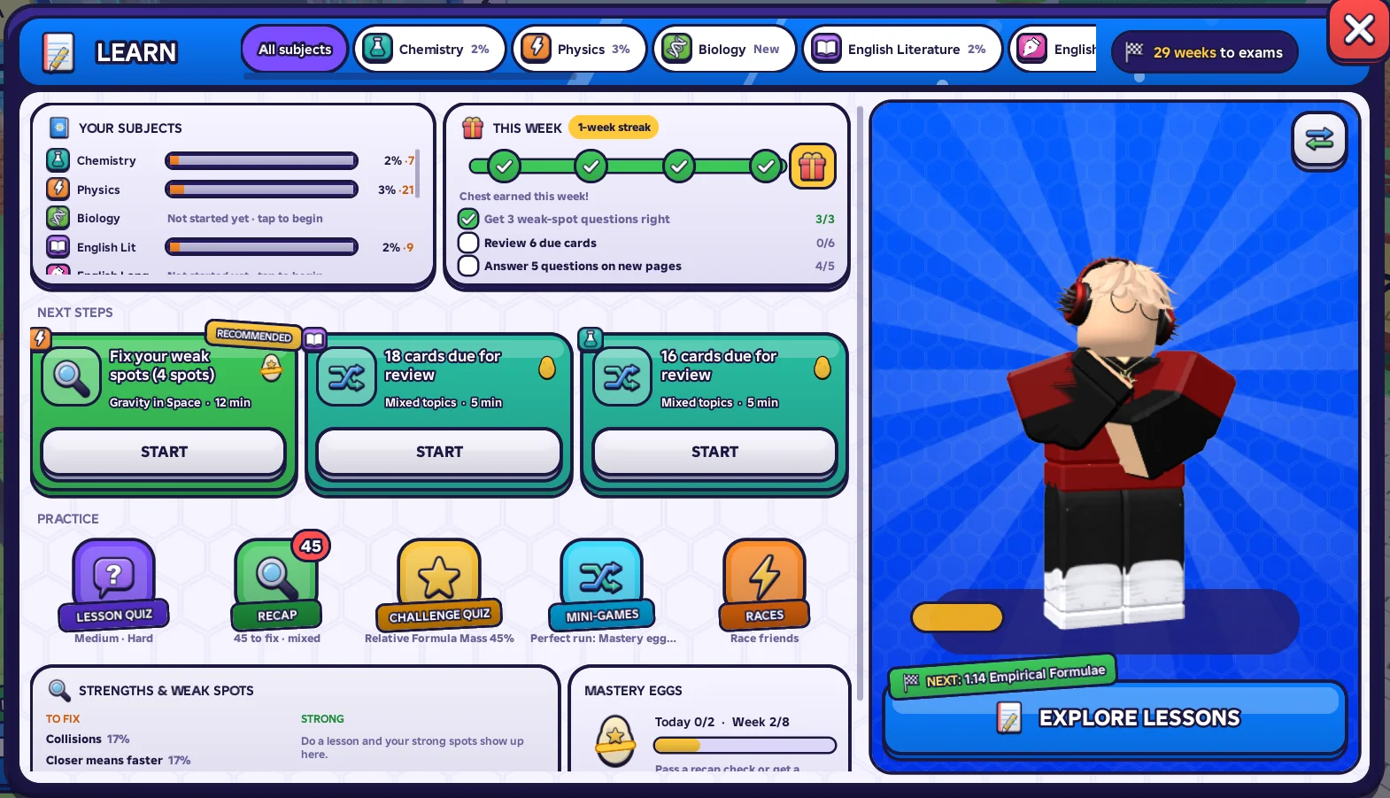 The Learn menu in Steal a Good Grade: subject progress, this week's goals, next steps and practice modes