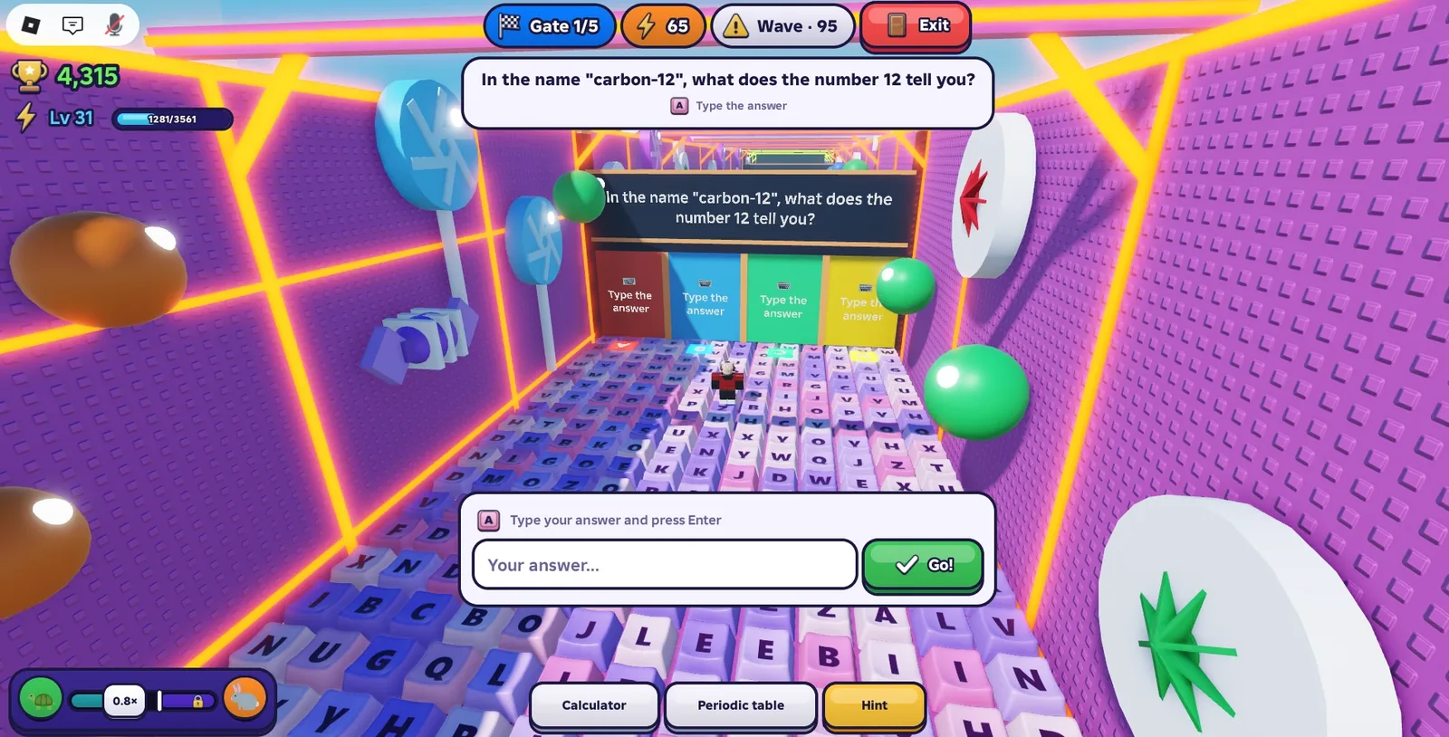 A run in Steal a Good Grade: the player types the answer to a chemistry question on a keyboard track